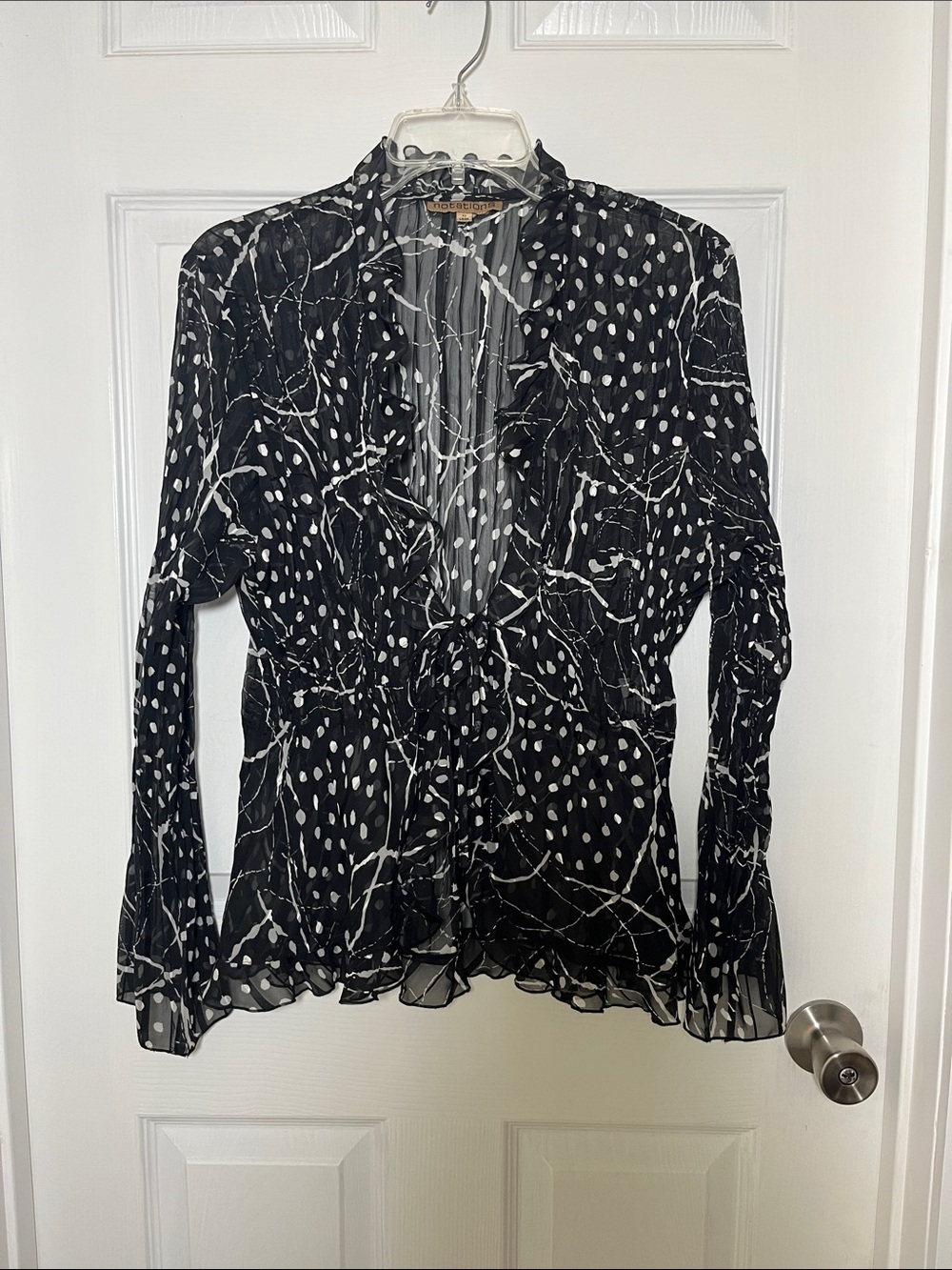 Notations 90’s Black & White Sheer Ruffle Tie-Front Blouse